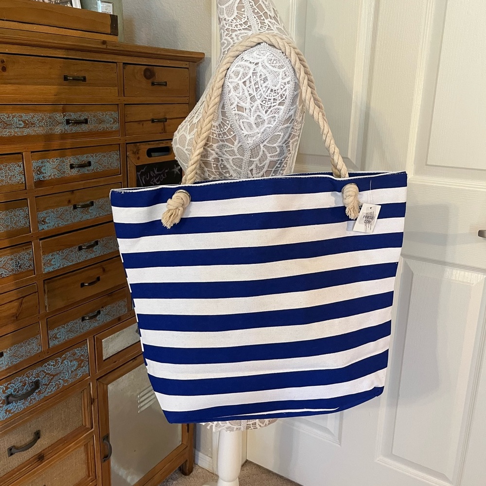 Beachy Striped Tote Bag- Blue/White - Picture 2 of 7